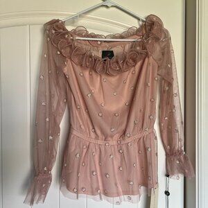 Adrianna Papell Ruffle Glitter Dot Rosette Blouse